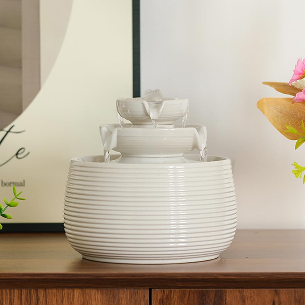 Outdoor and Indoor Water Feature Fountain Waterfall Tabletop Desktop mini Ceramic Garden Fountain (White A170)-VerdiqueGarden