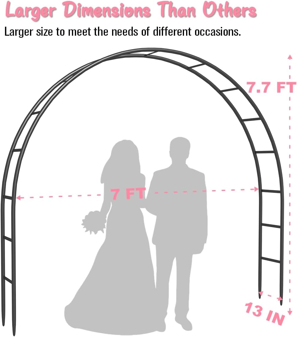 Queension Metal Arch Backdrop Stand 7Ft Wide 7.7Ft High, Wedding Arch Frame for Wedding Decorations, Balloon Arch Stand with Base for Ceremony, Outdoor Garden Arch Trellis for Climbing Plants, Black-VerdiqueGarden