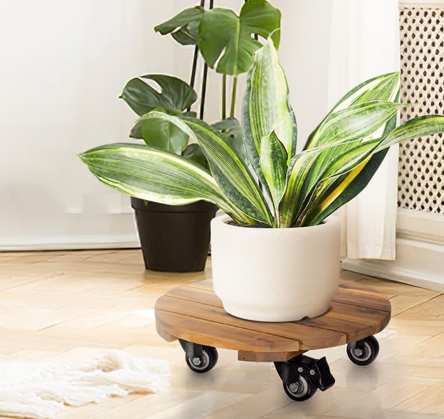 Idzo 16inches Capacity 500lbs Wood Plant Caddy With Wheels Heavy Duty, Acacia Hardwood Plant Dolly, Plant Stand with 360° Lockable Wheels for Plant Pots, Heavy Objects Hauling - Natural Wood-VerdiqueGarden