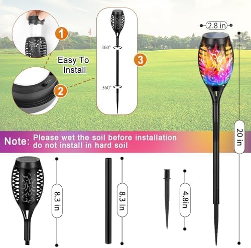 12 Pack Solar Torch Lights Outdoor Waterproof - Multicolor Flickering Flame, Outdoor Solar Garden Lights for Yard, Tiki Torches for Outside Patio Pathway Decorations-VerdiqueGarden
