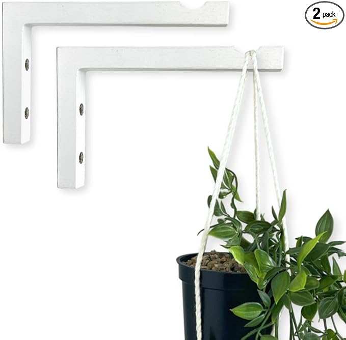 2-Piece Set of Plant Hooks for Wall 6 Inch - L-Shaped Mounted Wooden Plant Hook - Indoor and Outdoor Bracket Plant Hanger for Planters, Lanterns, Bird Feeders and Plant Basket (White)-VerdiqueGarden
