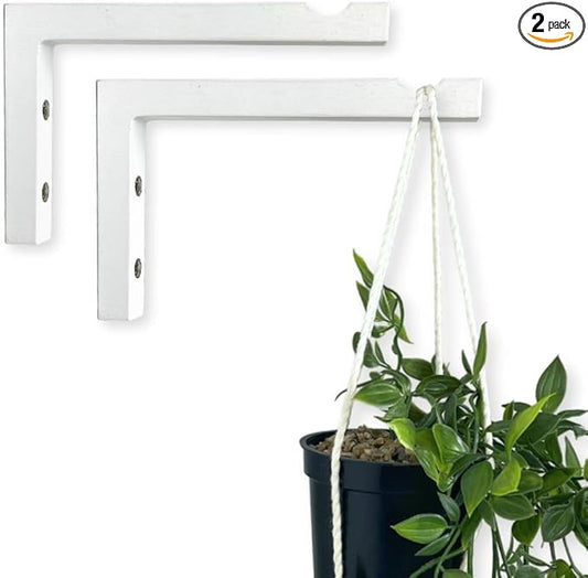 2-Piece Set of Plant Hooks for Wall 6 Inch - L-Shaped Mounted Wooden Plant Hook - Indoor and Outdoor Bracket Plant Hanger for Planters, Lanterns, Bird Feeders and Plant Basket (White)-VerdiqueGarden