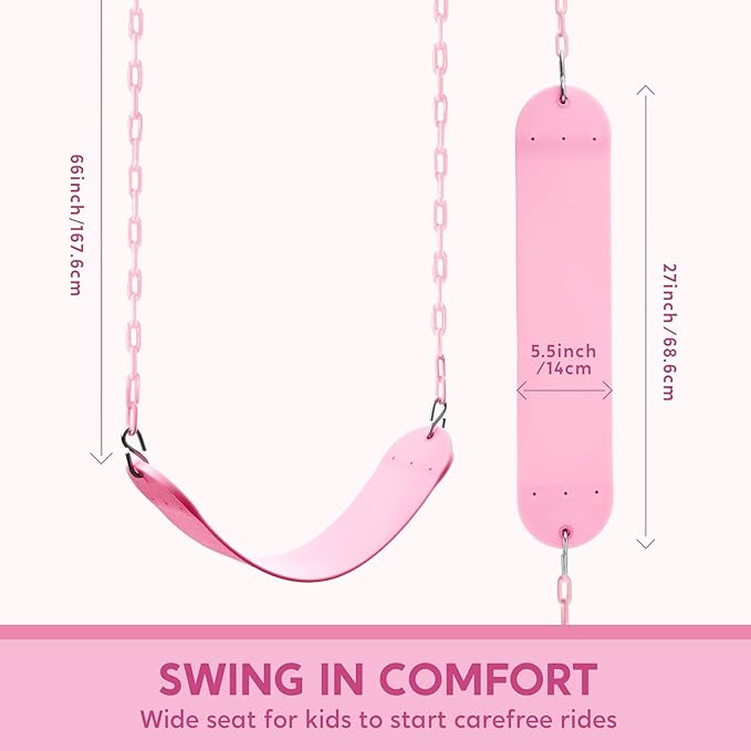 TURFEE Heavy Duty Swing Seat Pink Color with 66” Chain, Swing Set Accessories Replacement with Snap Hooks for Kids Outdoor Play Playground-VerdiqueGarden