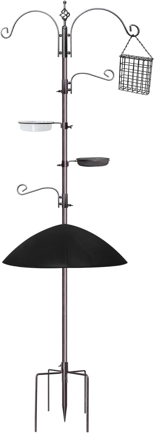 Bird Feeder,91in 4 Hook Bird Feeder Pole with Squirrel Baffle,Bath and Mesh Tray,Steel Multi-Feeder Kit Stand for Attracting Wild Birds, Easy Assembly for Courtyards (Weld, Black 91IN)-VerdiqueGarden