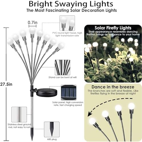 OZS Solar Garden Lights 12pack 96LED Solar Garden Lights - Solar Firefly Lights Outdoor, Solar Swaying Light, Sway by Wind, Solar Fairy Lights Waterproof for Pathway Decoration (Cool White)-VerdiqueGarden