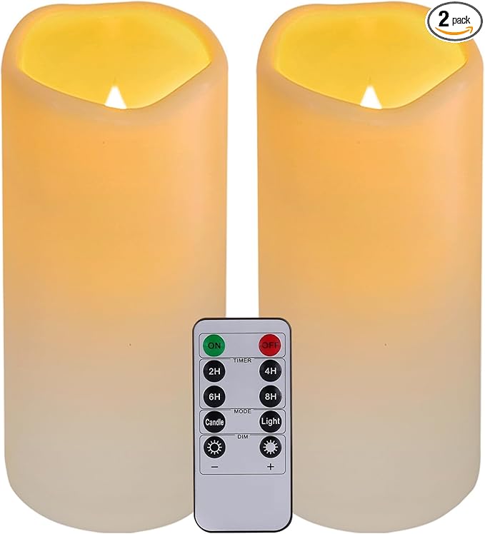 Flickering Flameless LED Candles with 10-Key Remote & Timer, Waterproof Outdoor Indoor f Battery Operated Candles for Home/Wedding/Festival Décor Set of 2 (D3 x H5.5) Ivory-VerdiqueGarden