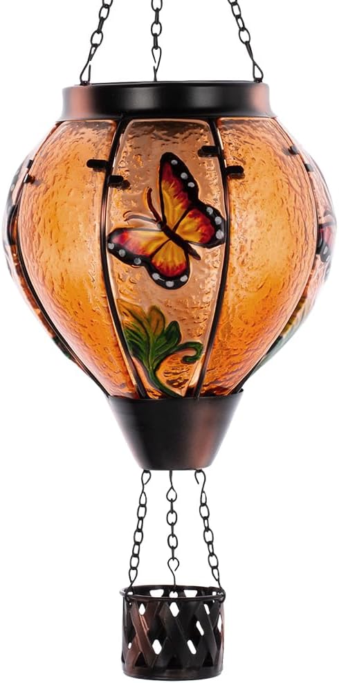 Starsoul Butterfly Hot Air Balloon Solar Lantern with Flickering Flame Light Glass Solar Powered Hot Air Balloon Lamp Waterproof Hanging Outdoor Solar Lantern for Yard Porch Backyard Decor-VerdiqueGarden