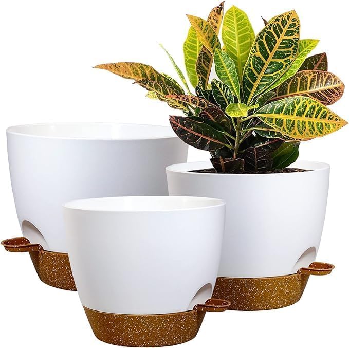 10/9/8 inch Self Watering Pots, Set of 3 Plastic Planters with Mesh Drainage Holes and Deep Reservoir for Indoor Outdoor Garden Plants and Flowers, White with Brown-VerdiqueGarden