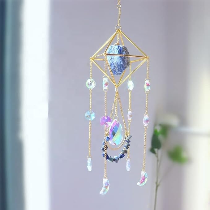 Crystal Suncatcher Lapis Lazuli, Blue Sun Catcher Hanging Decor, Blue Lazurite Crystal Window Hanging, Gemstone Prism, Boho Chic Decor, Raw Natural Stone (Lazurite)-VerdiqueGarden