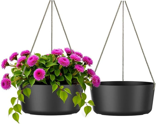 10.7 Inch Hanging Planter for Outdoor Indoor Plants，2 Pack Hanging Flower Pots with Drain Holes for Garden Home Decor Use (Black)-VerdiqueGarden