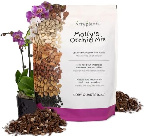 Molly's Orchid Potting Mix - Premium Gritty Soilless Orchid Mix - Chunky High Drainage vs Standard Potting Soil for Indoor Plants - Contains Bark, Coco Chips, Akadama, Pumice, Lava Rock 5 Dry Quarts-VerdiqueGarden
