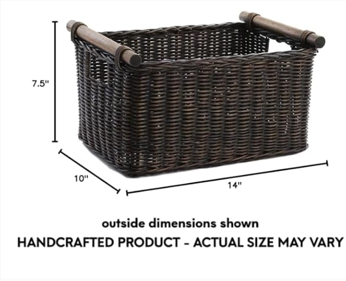 The Basket Lady Pole Handle Wicker Storage Basket, Small, 14 in L x 10 in W x 7.5 in H, Antique Walnut Brown-VerdiqueGarden