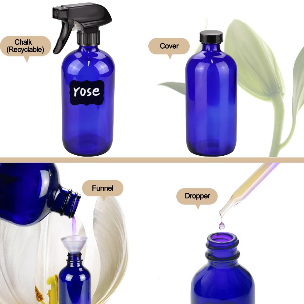 Glass Spray Bottle Kit×10 (2×16 oz, 2×4 oz, 6×2 oz), 9×10 ml Roller Bottles, Anti UV, Multi Size and Versatile, Suitable for Aromatherapy, Facial Moisturizing, Watering, etc.(Blue-VerdiqueGarden