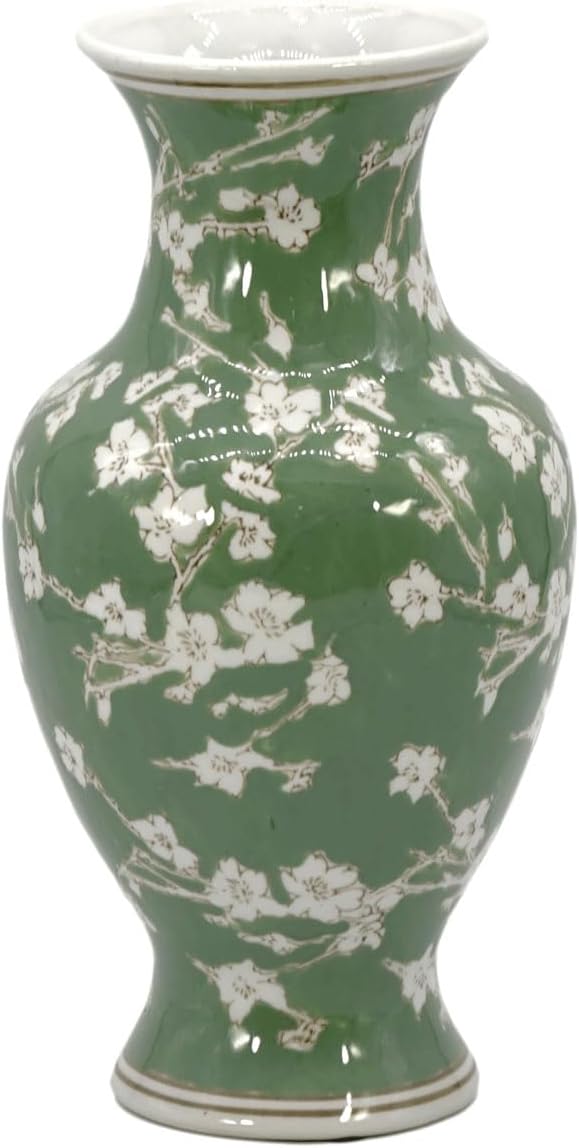 Galt International Floral Chinoiserie Ceramic Vase 14" - Green Sakura Hand Painted Antique Style Porcelain Flower Bottle Fishtail Porcelain Chinese Vase for Home Decor Centerpiece-VerdiqueGarden