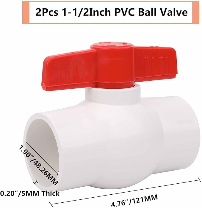 2Pcs 1-1/2" PVC Ball Valve Water Pipe Shut-off Valve Socket with Red T-Handle for Cold Water Supply lines, Irrigation Pipe fitting System(Socket x Socket), Schedule 40-VerdiqueGarden