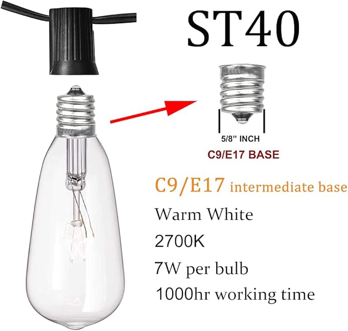 10Ft Outdoor String Lights Waterproof, Hanging Patio Lights with 11 Edison Bulbs (1 Spare), ST40 Vintage Edison Bulbs String Lights for Indoor Garden Backyard Party Wedding Balcony Decor- Black-VerdiqueGarden