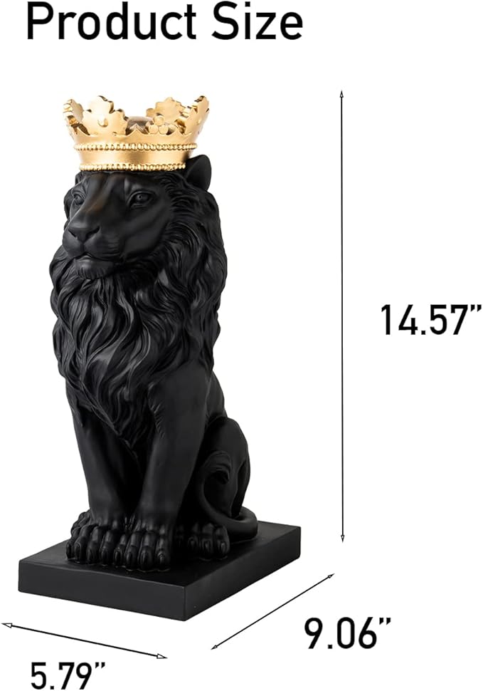 LCdecohome Lion Statue - Outdoor Collectible Figurine, 15 Inch Gold Crown Black Standing Lion Home Decor for Desk & Home Black Decor Gift-VerdiqueGarden