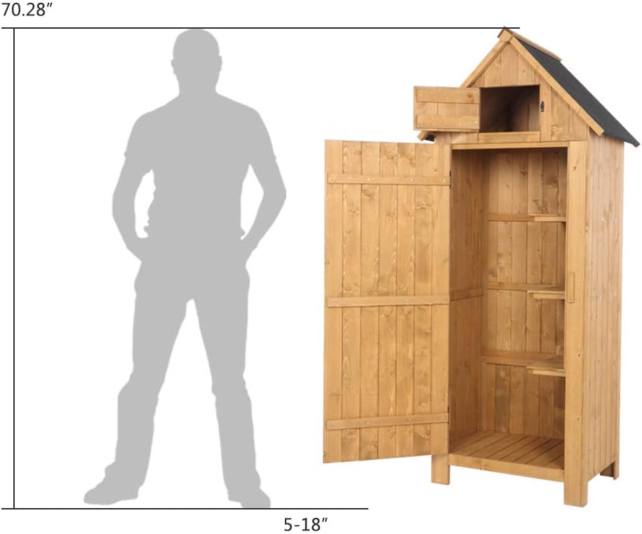 Outvita Outdoor Storage Cabinet, 70in Wooden Vertical Garden Tools Shed, Patio Storage Organizer with Latch & Waterproof Roof for Yard Deck Lawn Farmland Equipment(Natural)-VerdiqueGarden