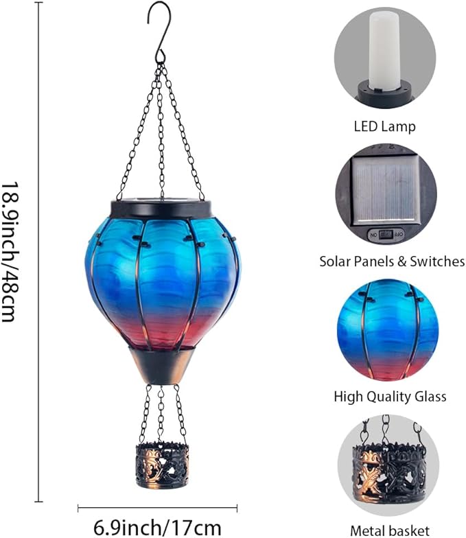 Starsoul Blue Hot Air Balloon Solar Lantern Glass Solar Hot Air Balloon Flickering Flame Hanging Garden Light Waterproof Solar Lamp Hot Air Balloon Garden Yard Farmhouse Decor-VerdiqueGarden