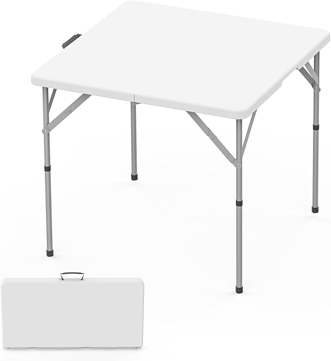 HLPB 34'' Square Folding Card Table, Fold-in-Half Portable Dining Table with Handle and Safety Lock, Foldable Plastic Dining Table Indoor Outdoor for Camping, Picnic and Party Event, White-VerdiqueGarden