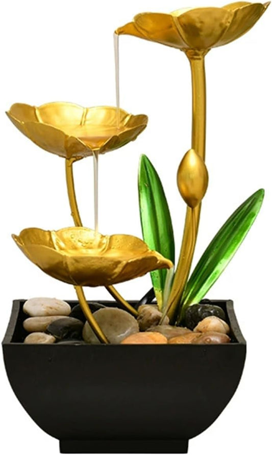Gold Tabletop Water Fountain, Desktop Waterfall, Indoor Lotus Desktop Decorative Fountain, Home Bathroom Bedroom Decor.-VerdiqueGarden