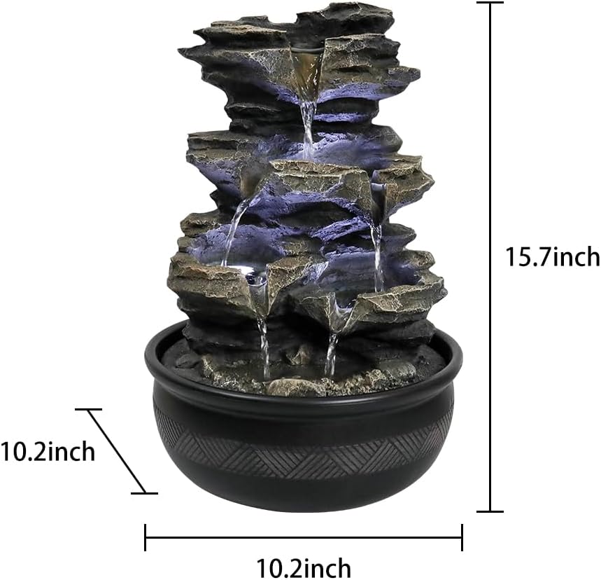 15.7" High Rock Cascading Tabletop Fountain, Zen Meditation Indoor Waterfall Feature with LED Light for Home Office Bedroom Relaxation-VerdiqueGarden