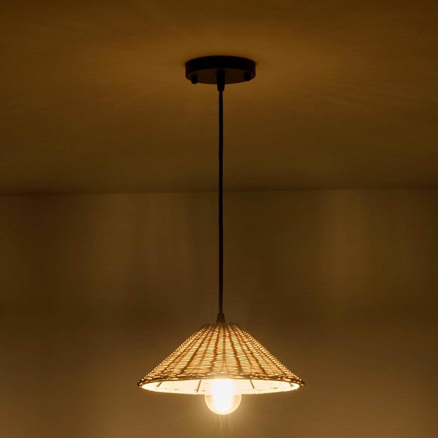 TERLEENART Hard Wired Rattan Pendant Lights Set of 2,Farmhouse Coastal Woven Wicker Ceiling Light with 10.65” Cone Shade, Boho Wired Mounted Hanging Chandelier for Bedroom Dining Room Kitchen Island-VerdiqueGarden