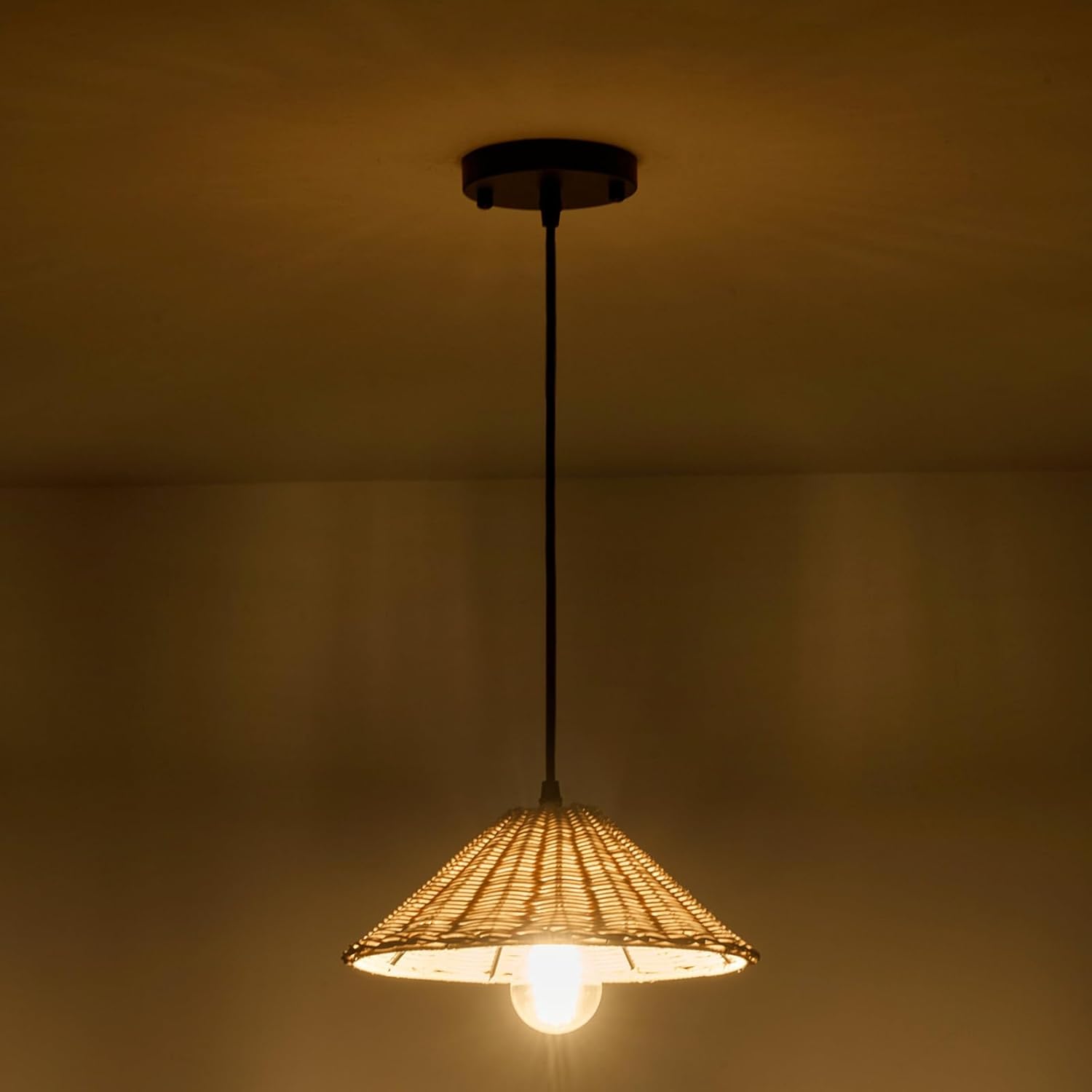 TERLEENART Hard Wired Rattan Pendant Lights Set of 2,Farmhouse Coastal Woven Wicker Ceiling Light with 10.65” Cone Shade, Boho Wired Mounted Hanging Chandelier for Bedroom Dining Room Kitchen Island-VerdiqueGarden