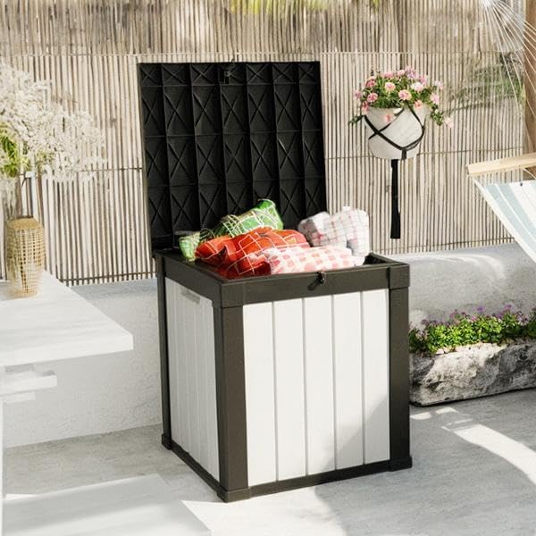 50-Gallon Outdoor Deck Box,Storage Lockable Waterproof Patio Furniture,Garden Tools,Cushions,Pool Accessories Outside Storage Resin Box(Black and White)-VerdiqueGarden