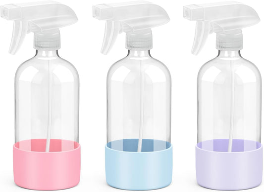 Glass Spray Bottles with Silicone Sleeve Protection, Empty 16 oz Refillable Containers, Reusable Spray Bottles with Adjustable Nozzle for Hair, Cleaning Solutions, 3 Pack Pink&Blue&Purple-VerdiqueGarden