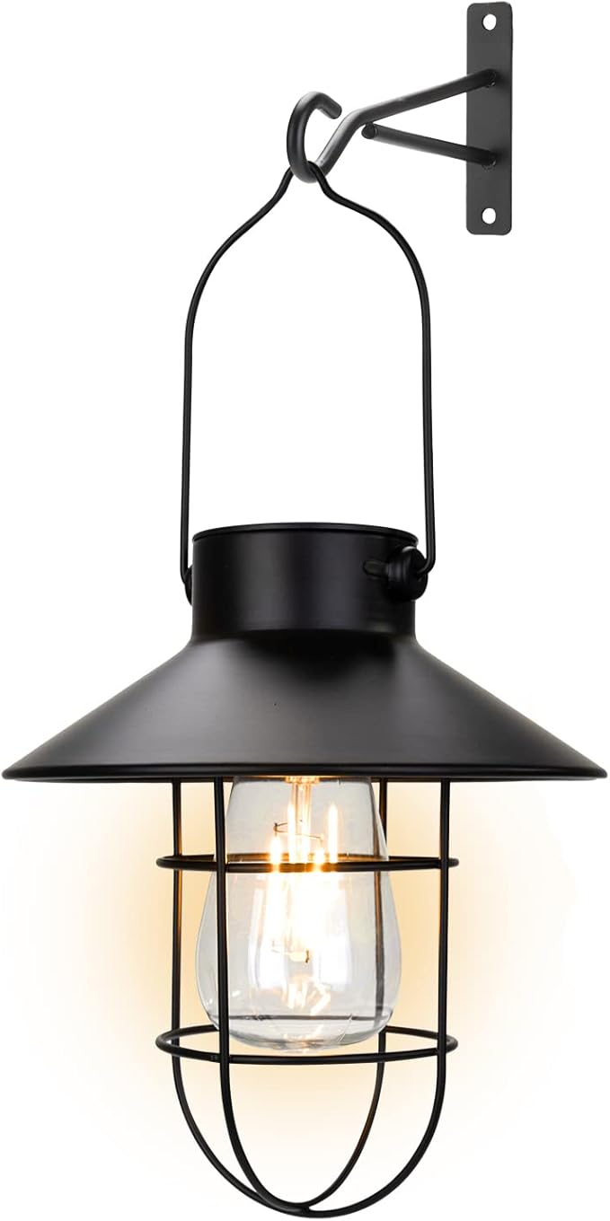 pearlstar Solar Lanterns Outdoor Metal Solar Powered Hanging Lights Waterproof for Wall Yard Garden Patio Garage Balcony Porch Fence Decor, Warm White Edison Bulb,with Wall Mount Kit（Black-1pack）-VerdiqueGarden