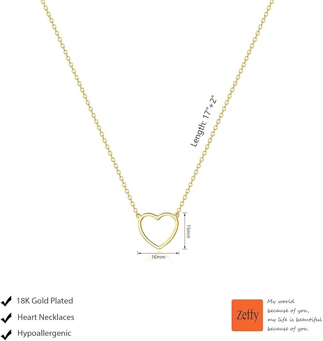 Zeffy Dainty Gold Heart Necklace for Women Trendy 14K Gold/Silver Plate Cute Heart Pendant Choker Necklaces Gold Love Heart Chain Necklace for Women Dainty Gold Jewelry Gifts for Women