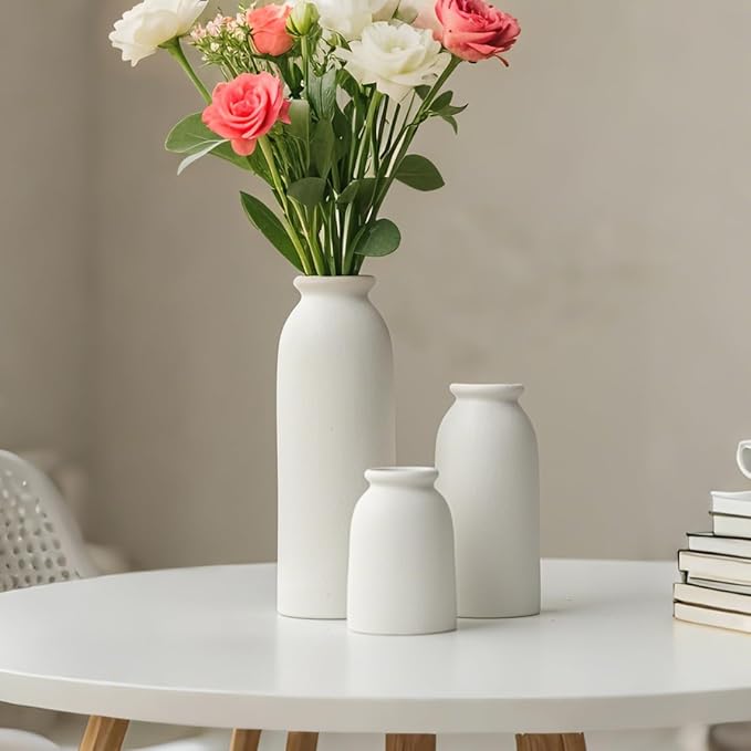 Ceramic Vase Set-3, Small Flower Vases for Decor, Modern Boho Farmhouse Style, Decorative Shelf Vases for Pampas Grass & Dried Flowers, Distressed Finish (White)-VerdiqueGarden