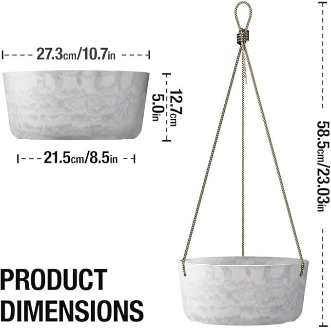 10.7 Inch Hanging Planter for Outdoor Indoor Plants，2 Pack Hanging Flower Pots with Drain Holes for Garden Home Decor Use (Marble)-VerdiqueGarden