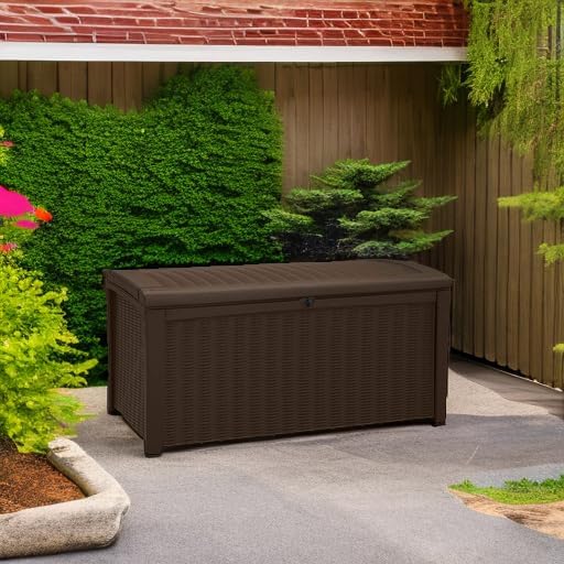 Keter Outdoor Storage Deck Box, for Patio, Backyard & Garden, Borneo, 110 Gallon, Brown - Lockable, Organizing, and Waterproof Plastic Container Bench-VerdiqueGarden