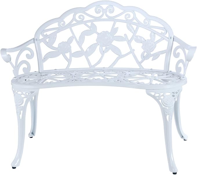 JARDIN DE CENTENNIAL Patio Garden Bench Metal Park Bench Cast Aluminum Outdoor Furniture with Floral Rose for Patio,Park,Lawn,Yard (White)-VerdiqueGarden