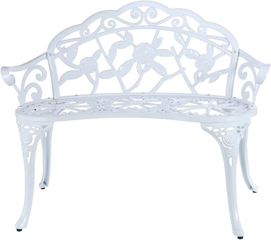 JARDIN DE CENTENNIAL Patio Garden Bench Metal Park Bench Cast Aluminum Outdoor Furniture with Floral Rose for Patio,Park,Lawn,Yard (White)-VerdiqueGarden
