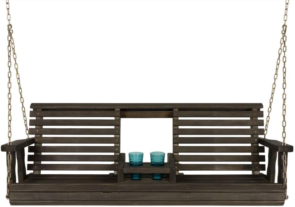Porchgate Amish Heavy Duty Console Porch Swing with Fold Down Cup Holders in Dark Walnut Stain - Amish Made in The USA from Treated Pine, Hanging Chains Included-VerdiqueGarden