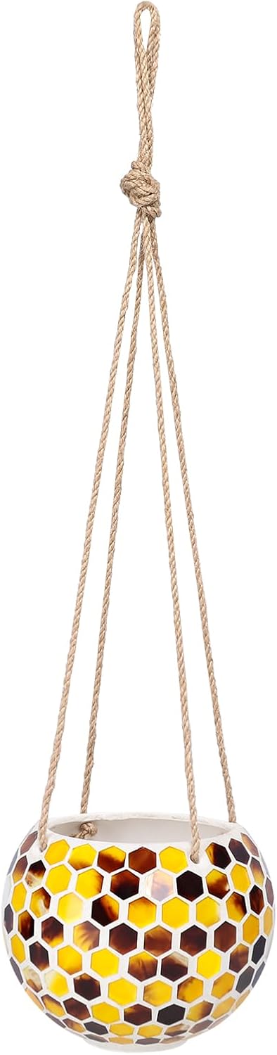 Hanging Planter Mosaic Garden Pot Small Flower Pot for Indoor Plant Disco Ball Hanging Planter with Drainage Yellow Bee-VerdiqueGarden