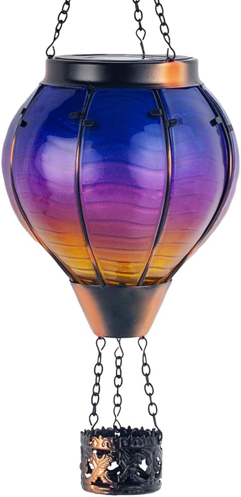 Starsoul Glass Solar Hot Air Balloon Flickering Flame Hanging Garden Light Purple Hot Air Balloon Solar Lantern with Large Basket Waterproof Hot Air Balloon Solar Lamp Decor-VerdiqueGarden