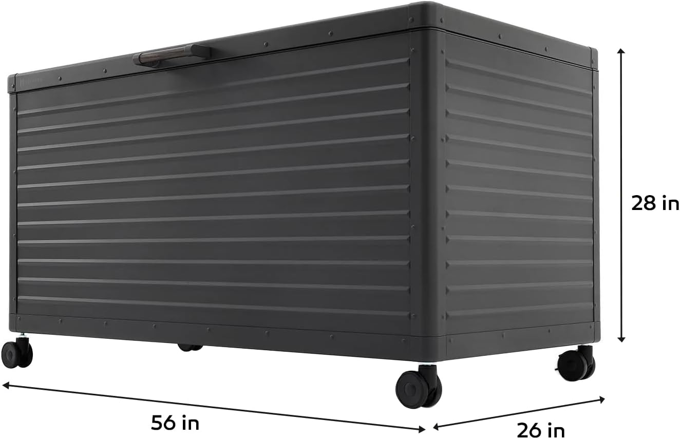 175 Gallon Outdoor Storage Box Waterproof, Metal Deck Box with wheels for Patio Furniture, Garden Tools, Outdoor Cushion, Charcoal-VerdiqueGarden