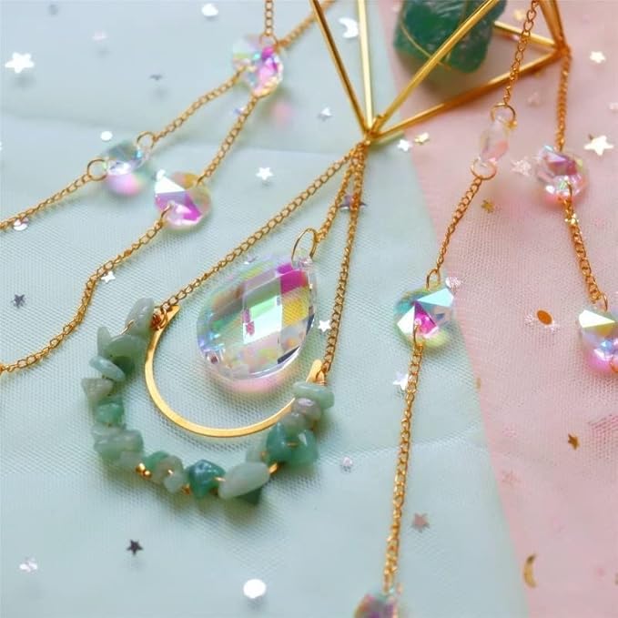 Crystal Suncatchers for Windows, Green Fluorite Gemstone Sun Catcher Hanging, Spiritual, Rainbow Maker, Crystal Boho Decor Indoor Outdoor, Natural Stone (Green Fluorite)-VerdiqueGarden