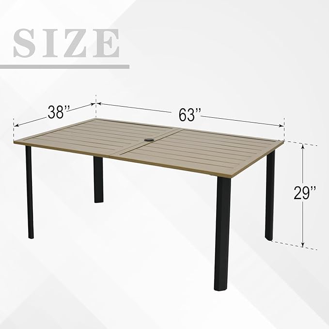 Outdoor Patio Table for 6 Person, Patio Dining Rectangle Table with 1.57" Umbrella Hole for Garden Lawn Backyard Parties, Black Metal Frame 63" L x 38" W x 29" H Brown-VerdiqueGarden