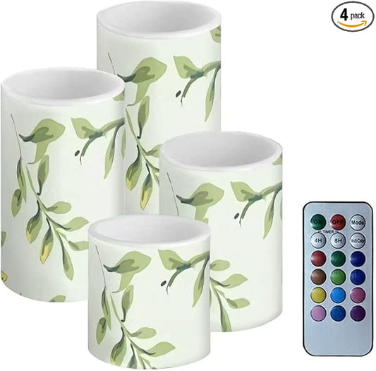 Green Leaves Flameless Candles Battery Operated Candles Set of 4 with 18-Key Remote Control Timer Dancing Flame Pillar Candles for Home Beach Hotel-VerdiqueGarden