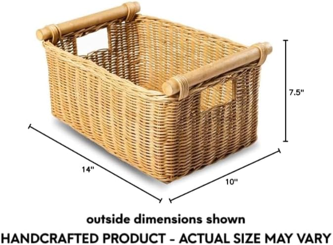 The Basket Lady Pole Handle Wicker Storage Basket, Small, 14 in L x 10 in W x 7.5 in H, Sandstone-VerdiqueGarden