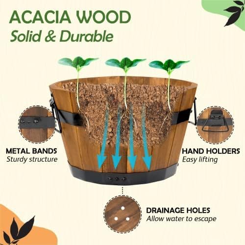 IDZO Set of 3 Wooden Upgraded Brown Orange Flower Boxes Outdoor, Durable Acacia Wood Barrel Planters for Outdoor Plants with Ergonomic Handles, Drainage Holes, Multiple Sizes Wood Bucket Planter-VerdiqueGarden