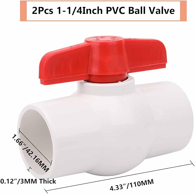 2Pcs 1-1/4" PVC Ball Valve Water Pipe Shut-off Valve Socket with Red T-Handle for Cold Water Supply lines, Irrigation Pipe fitting System(Socket x Socket), Schedule 40-VerdiqueGarden