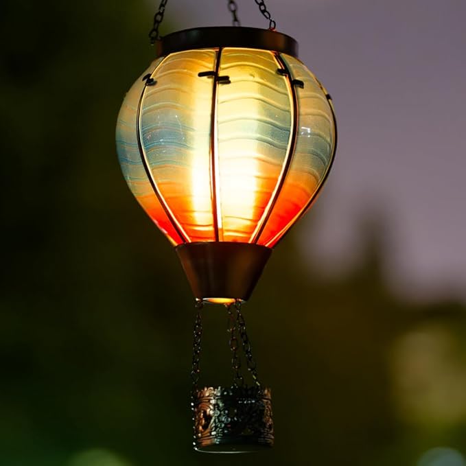 Starsoul Blue Hot Air Balloon Solar Lantern Glass Solar Hot Air Balloon Flickering Flame Hanging Garden Light Waterproof Solar Lamp Hot Air Balloon Garden Yard Farmhouse Decor-VerdiqueGarden