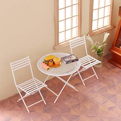 Dollhouse Miniature Bistro Table & Chairs Set Accessories Metal 1:12 Scale Miniatures White Coffee/Tea Furniture Fairy Garden Cute Rustic Elegant Decorations Ornaments (B)-VerdiqueGarden