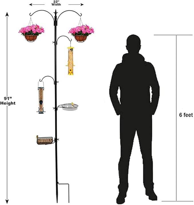 Premium Bird Feeding Station with 2 Bird Feeders Included for Outside - Multi Feeder Pole Stand Kit with 4 Hangers, Bird Bath and 5 Prong Base for Attracting Wild Birds - 22 Inch Wide x 91 Inch Tall-VerdiqueGarden